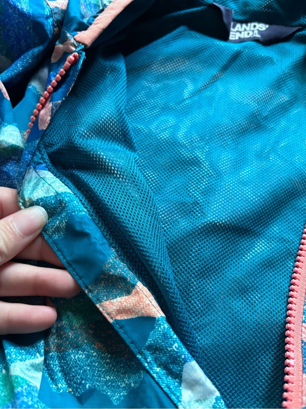 Lands' End Teal, Aqua & Coral Wave-Print Hooded Raincoat